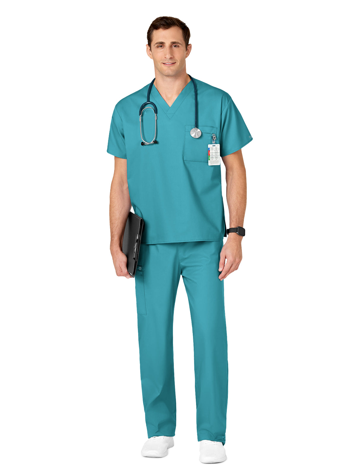 Unisex Double-Pocket V-Neck Top - 100 - Teal