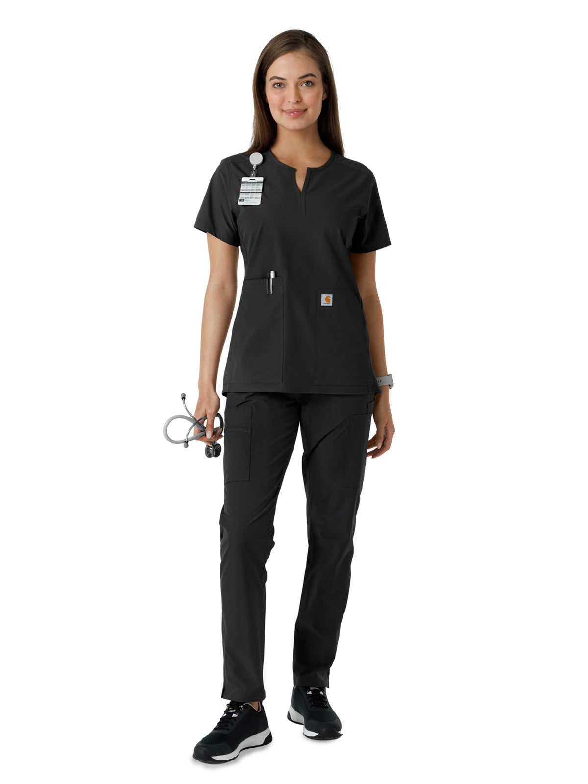 Women's Notch Neck Tunic Knit Panel Top - C12413 - Black