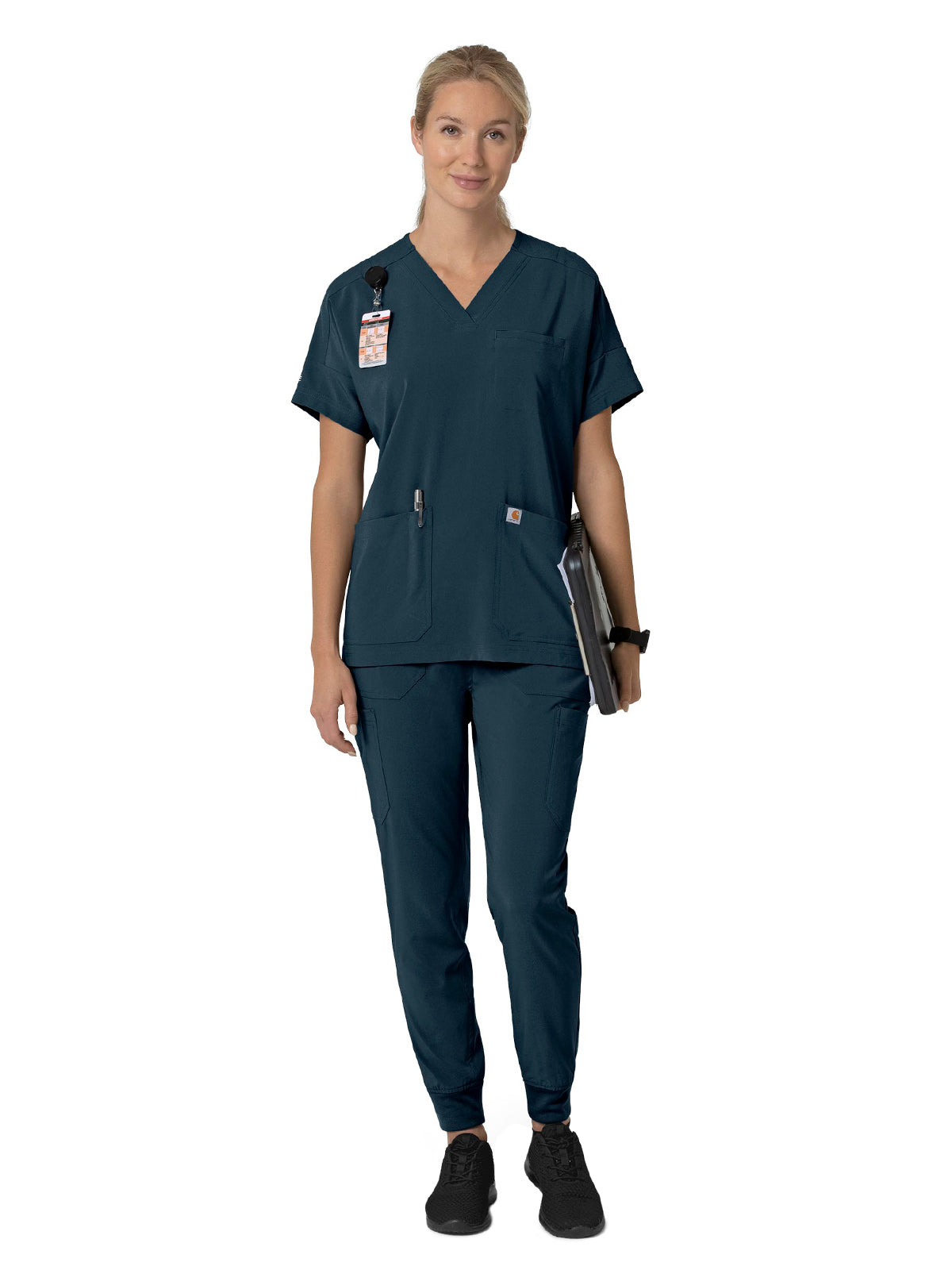 Women's Four-Pocket Oversized V-Neck Top - C13110 - Navy