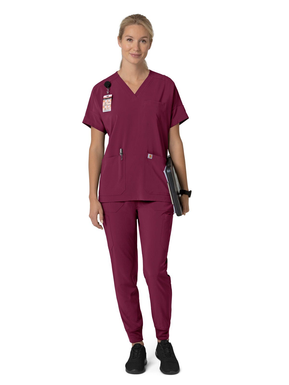 Women's Four-Pocket Oversized V-Neck Top - C13110 - Wine