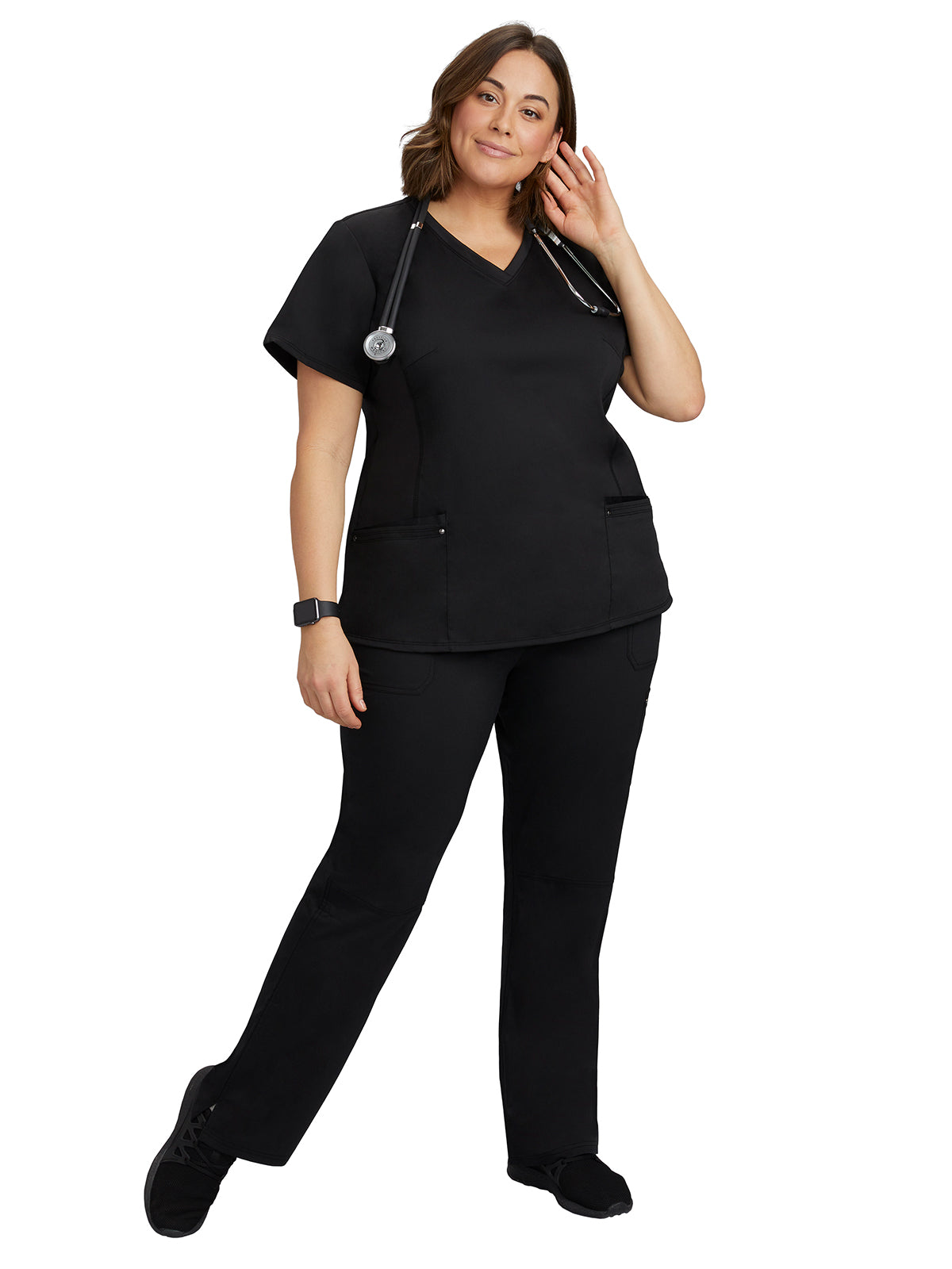 Women's 2-Pocket Juliet Stylish V-Neck Top - 2245 - Black