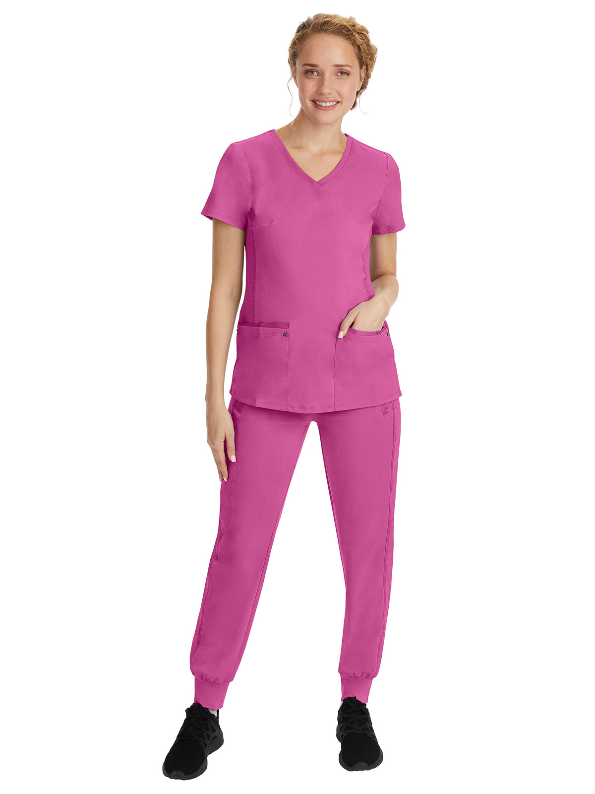Women's 2-Pocket Juliet Stylish V-Neck Top - 2245 - Shocking Pink
