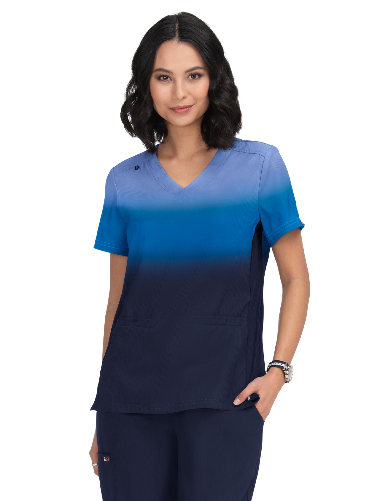 Women's 2-Pocket V-Neck Ombre Print Reclaim Top - 1088PLM - True Ceil/Navy Ombre