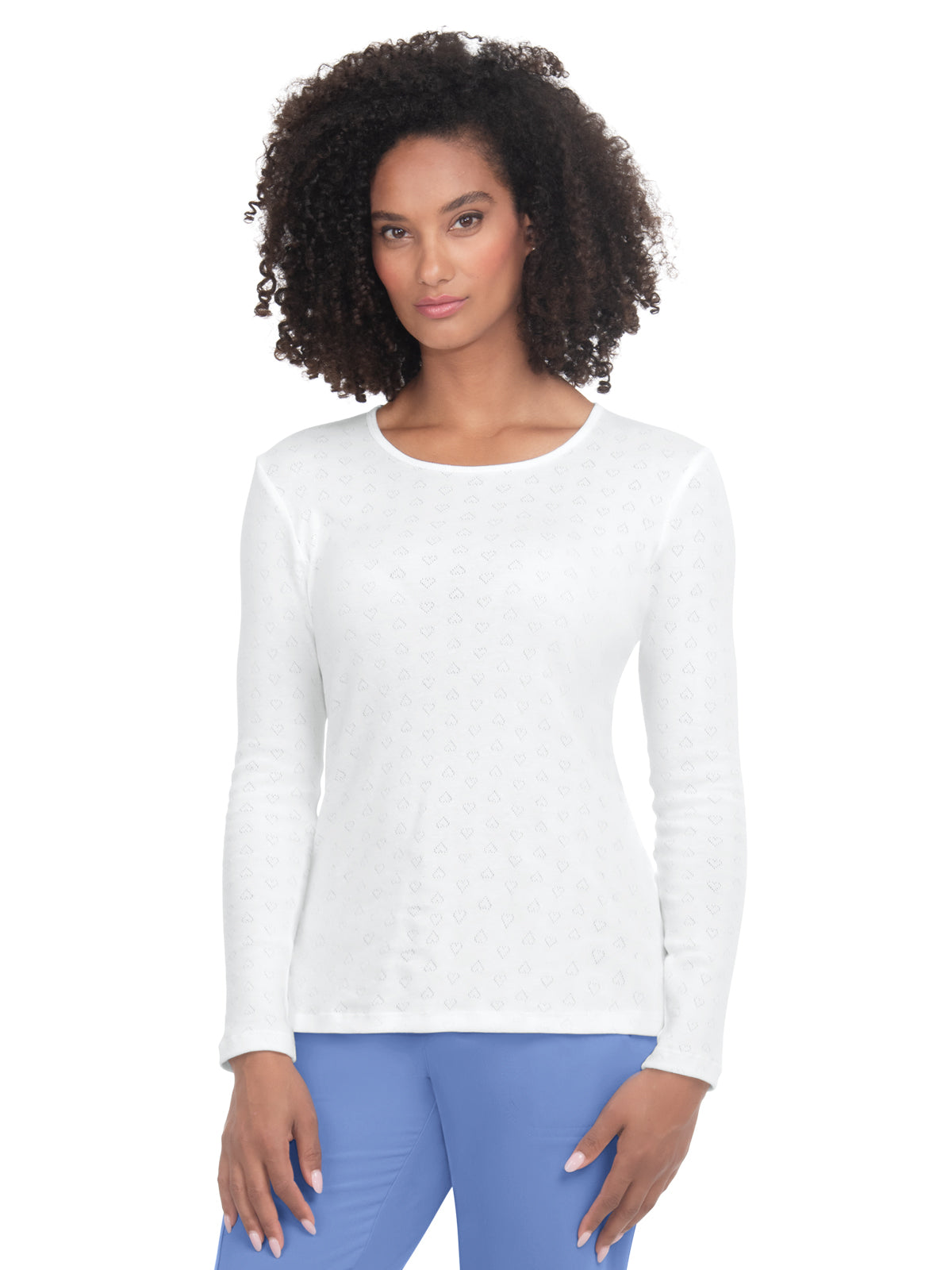 Women's Heart Pointelle Long-Sleeve Rohan Underscrub Tee - 1110 - Heart Pointelle White