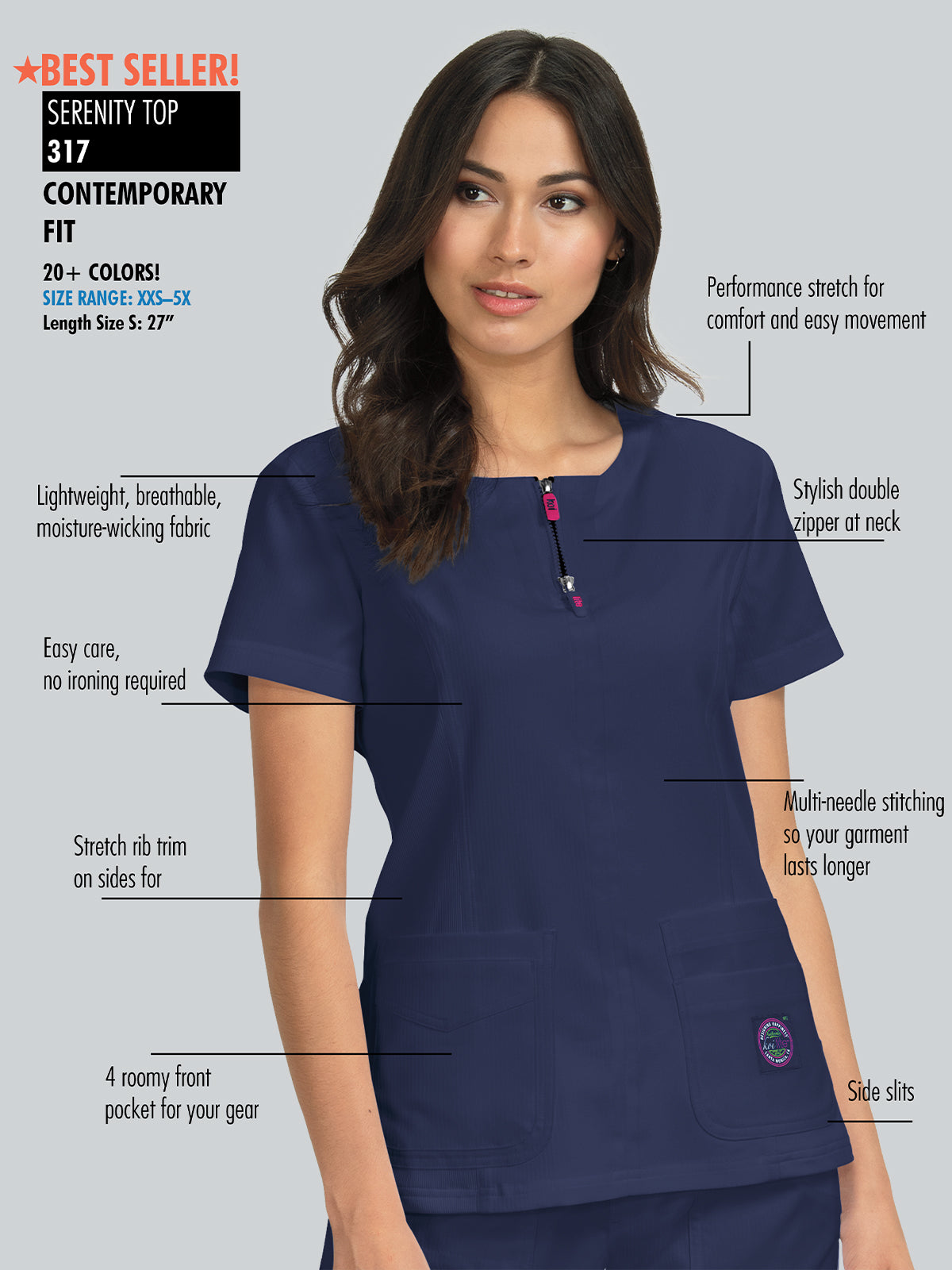 Women's 4-Pocket Zipper Neck Serenity Top - 317 - Wine