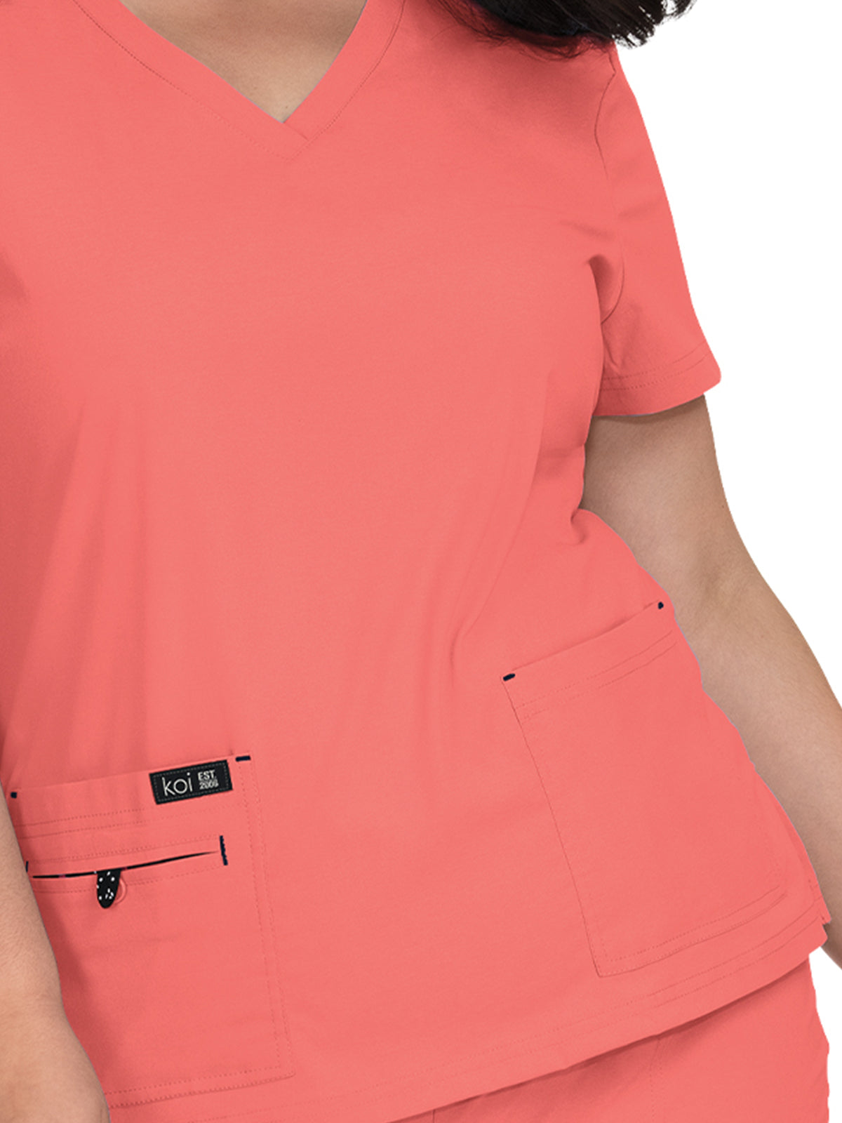 Women's 4-Pocket Stretch V-Neck Becca Top - 373 - Coral