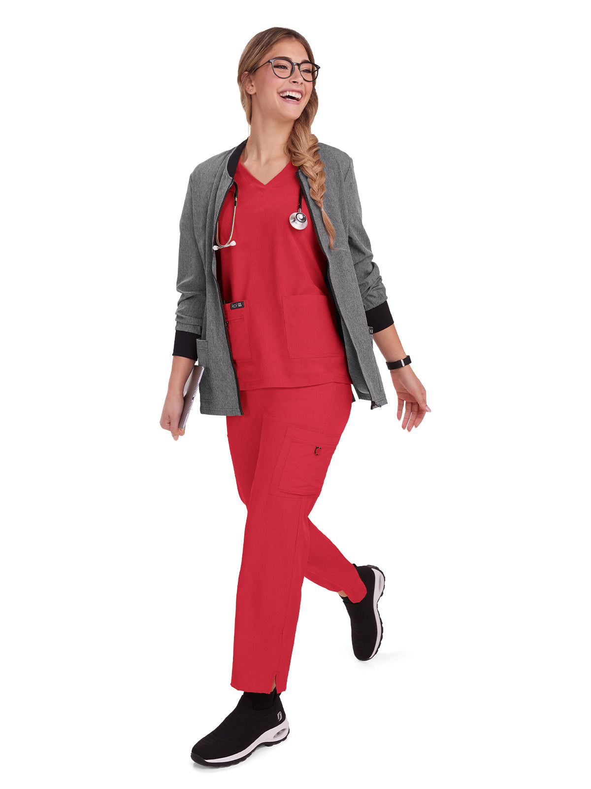 Women's 4-Pocket Stretch V-Neck Becca Top - 373 - Heather Candy Red