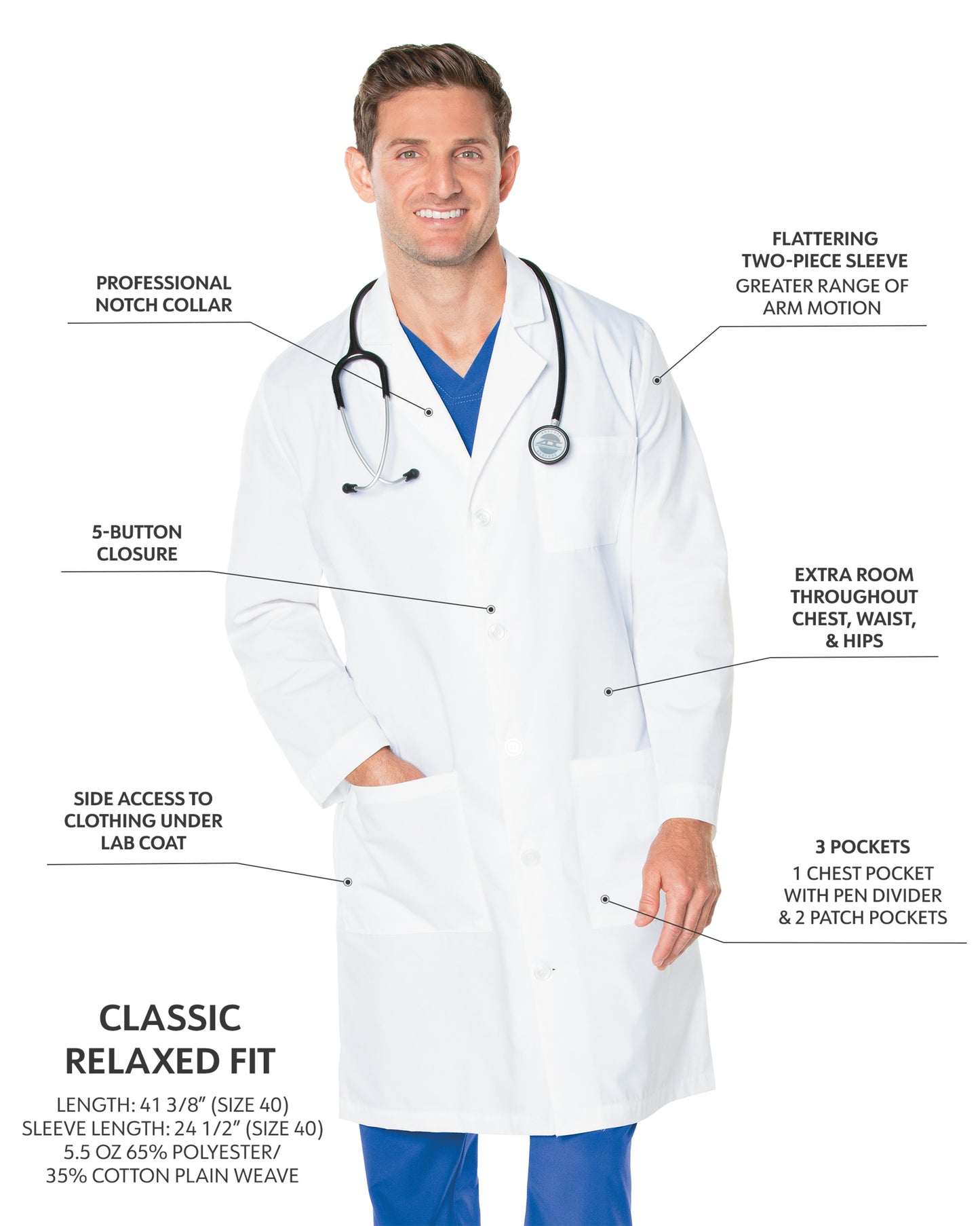 Men's Three-Pocket 41.5" Full-Length Lab Coat - 3145 - White