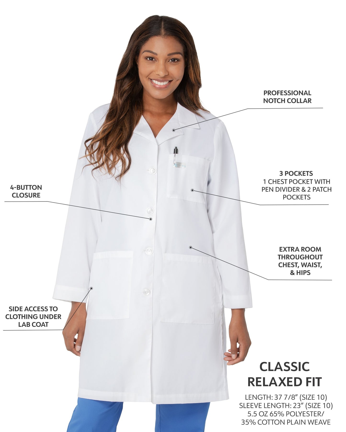Women's Three-Pocket 38" Full-Length Lab Coat - 3155 - White