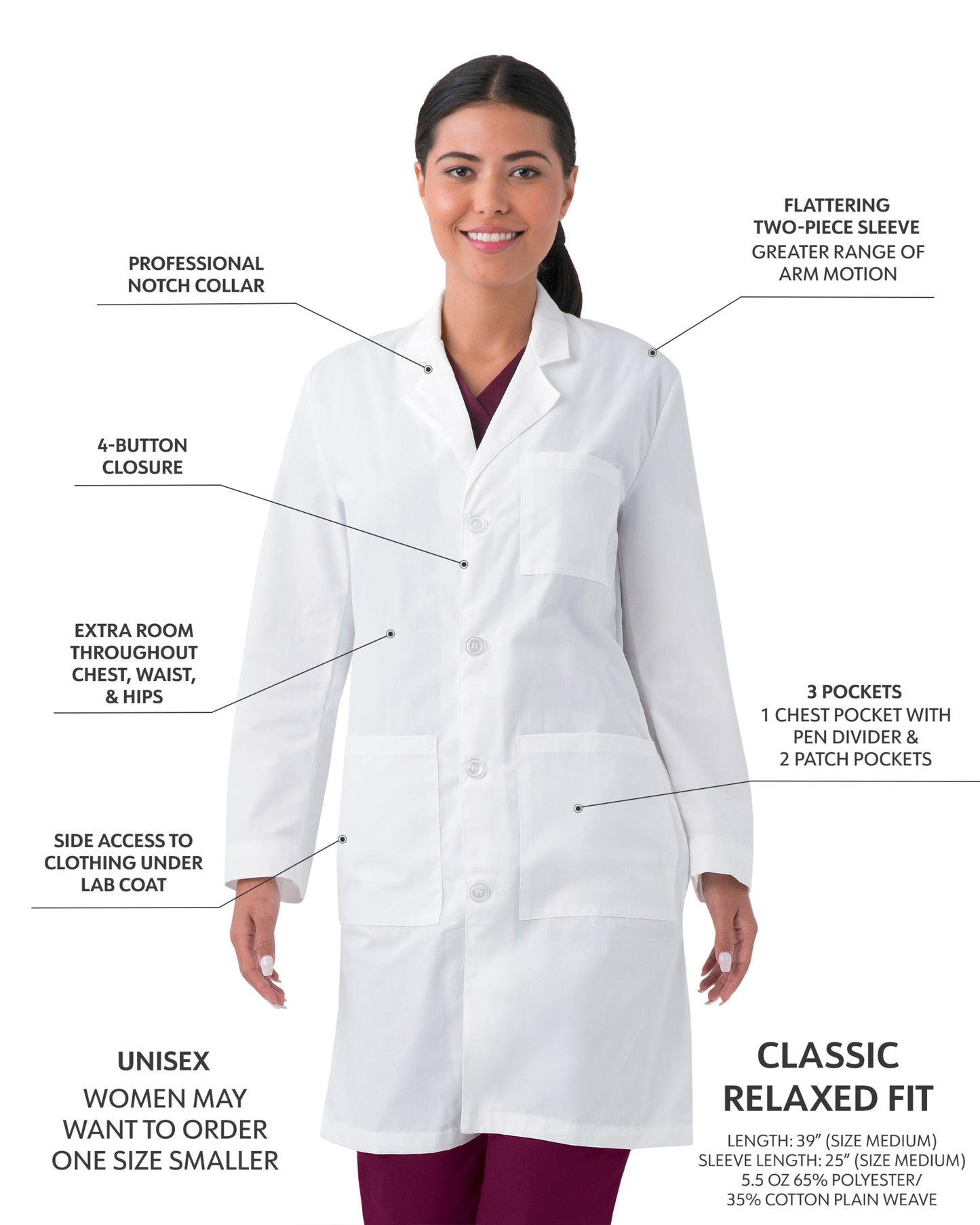 Unisex Three-Pocket 39" Full-Length Lab Coat - 3187 - White