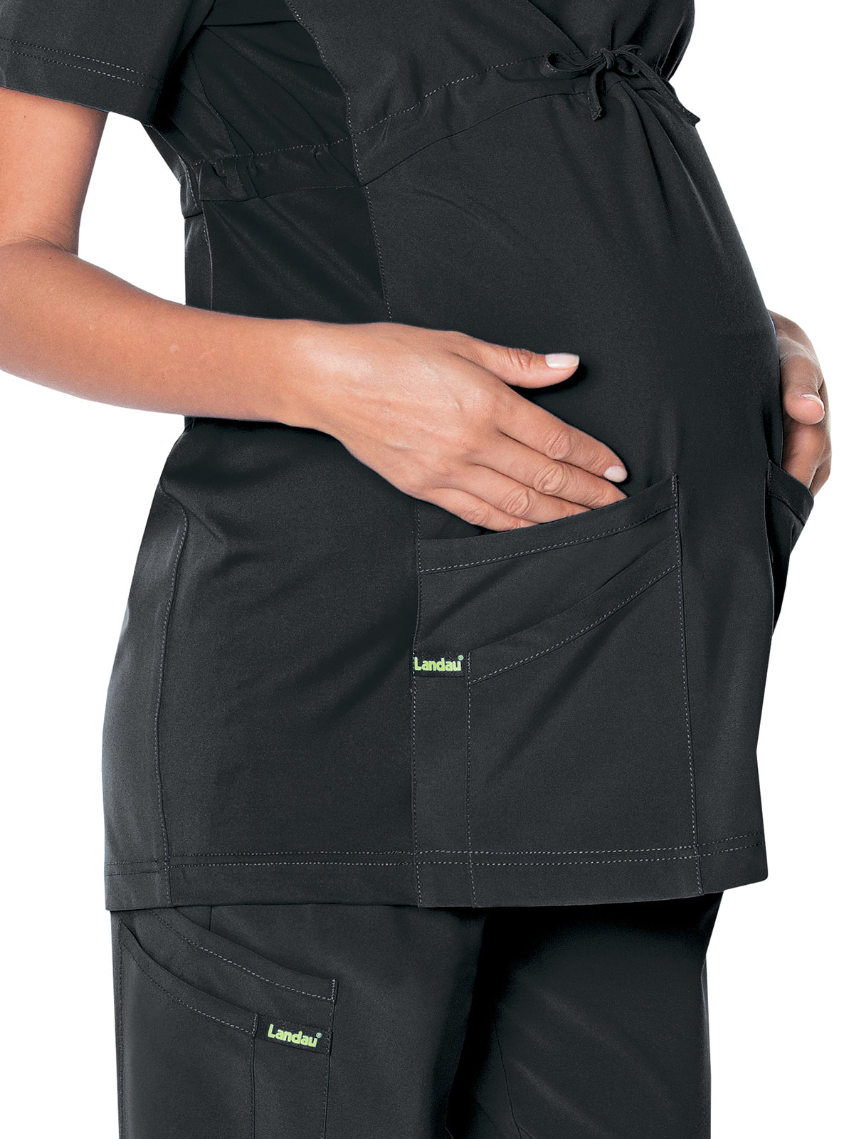 Women's 3-Pocket Adjustable Drawstring Empire Waist V-Neck Maternity Top - 4399 - Black