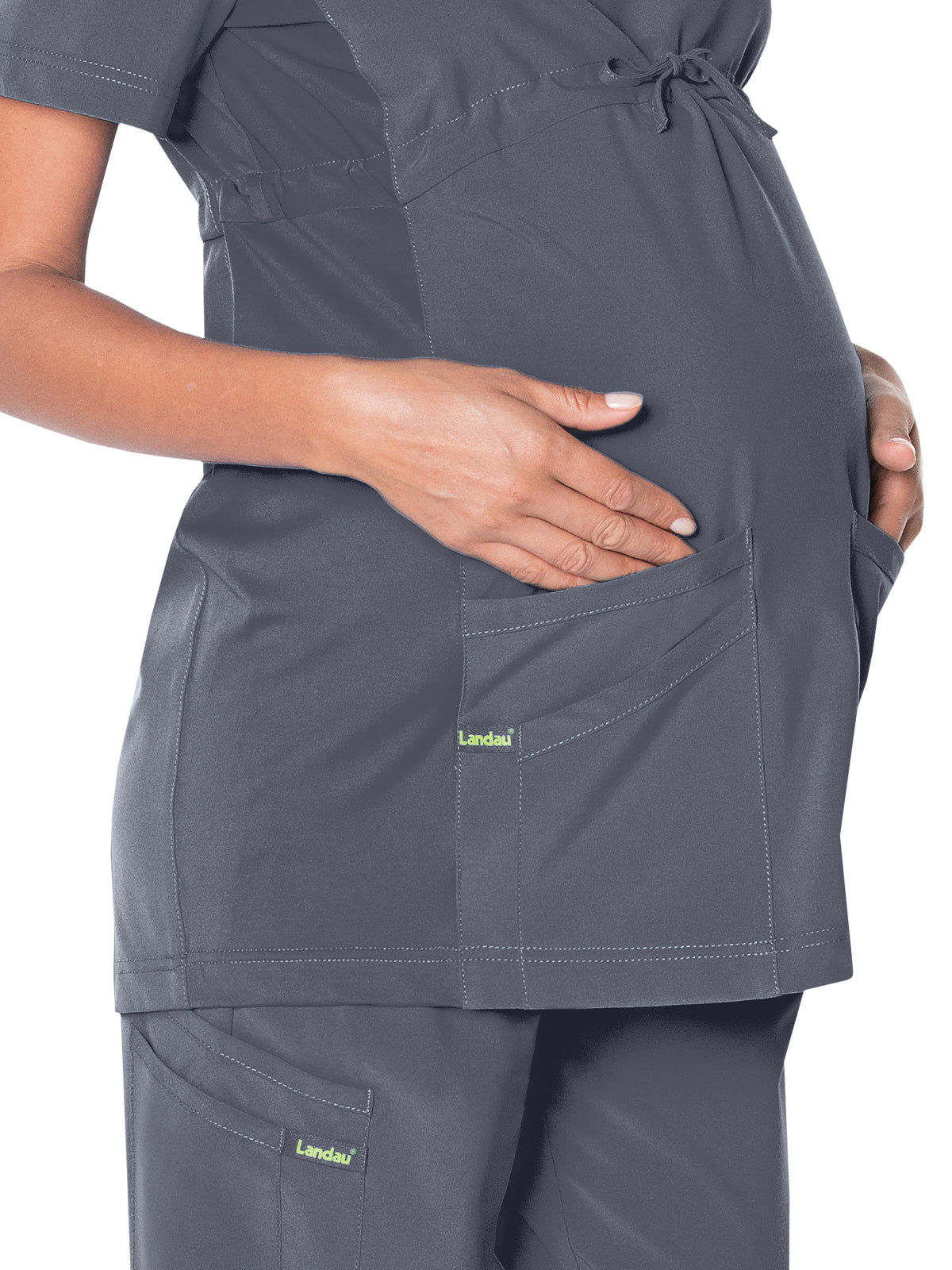 Women's 3-Pocket Adjustable Drawstring Empire Waist V-Neck Maternity Top - 4399 - Steel