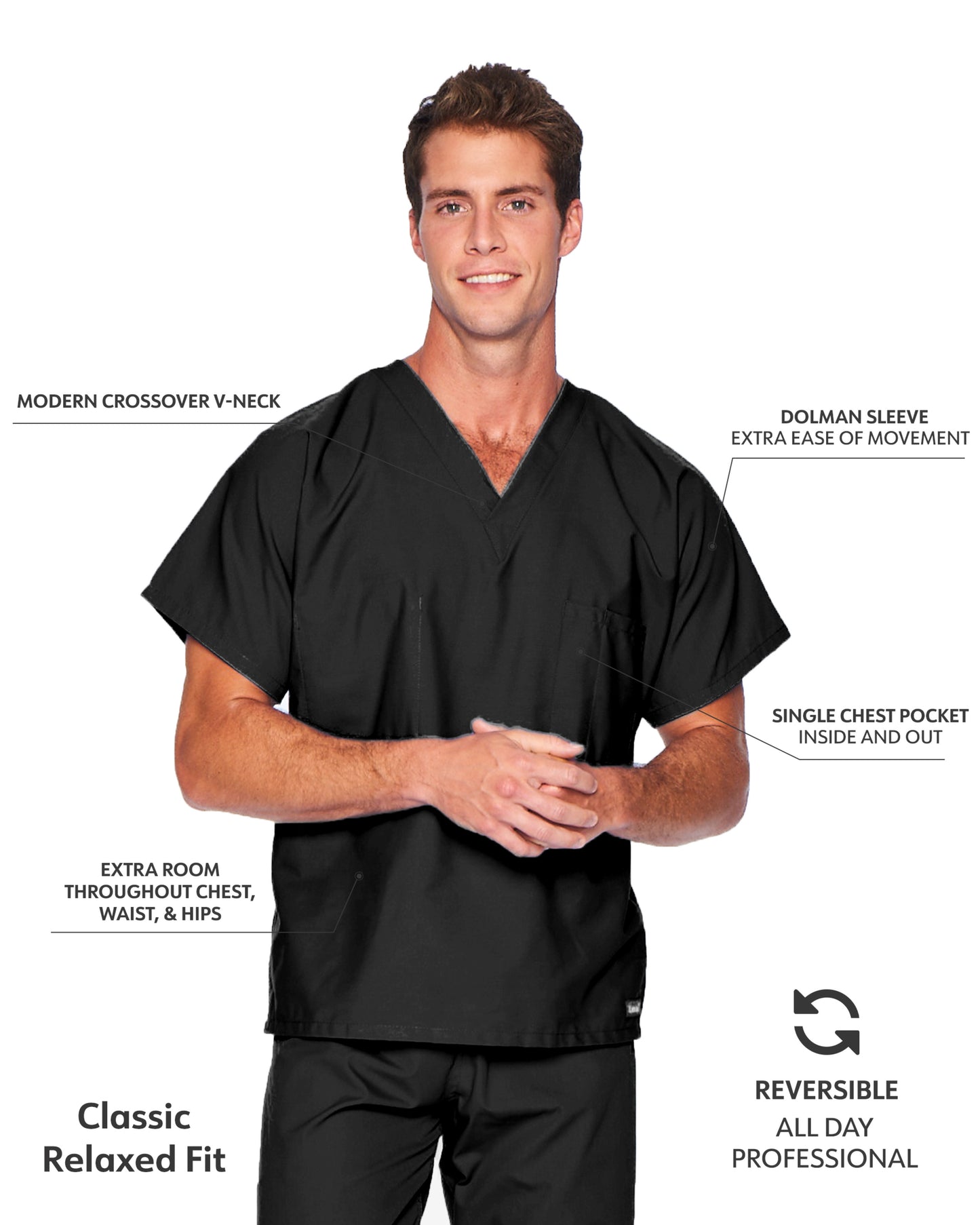 Unisex Reversible 1-Pocket V-Neck Top - 7502 - Black