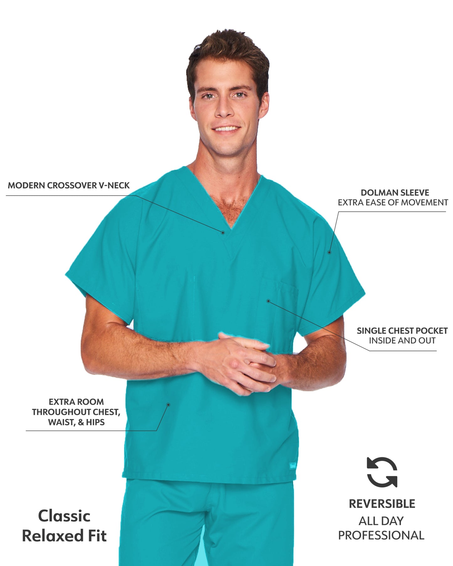 Unisex Reversible 1-Pocket V-Neck Top - 7502 - Teal