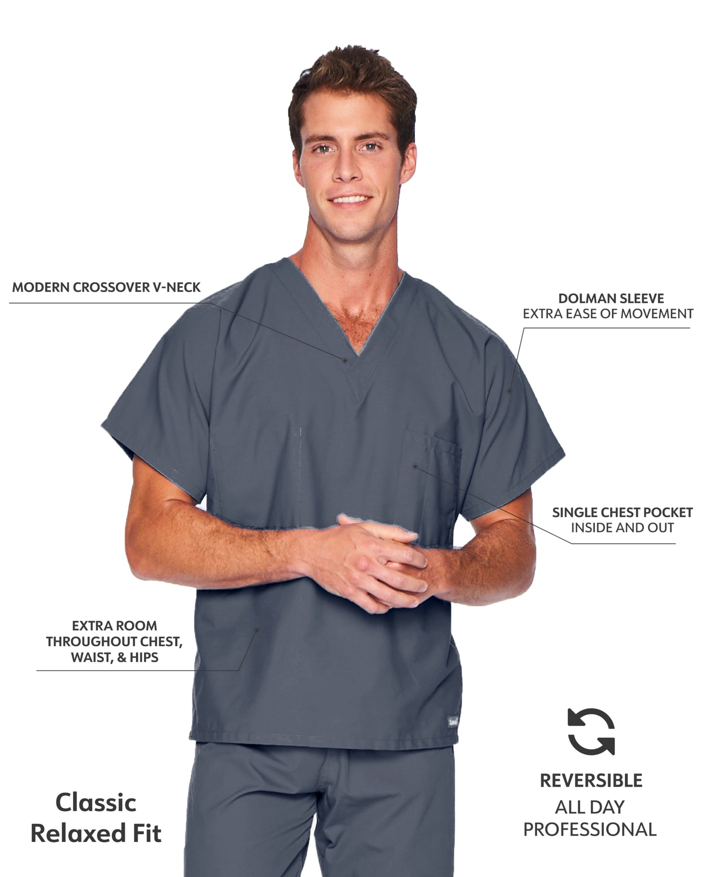 Unisex Reversible 1-Pocket V-Neck Top - 7502 - Steel Grey