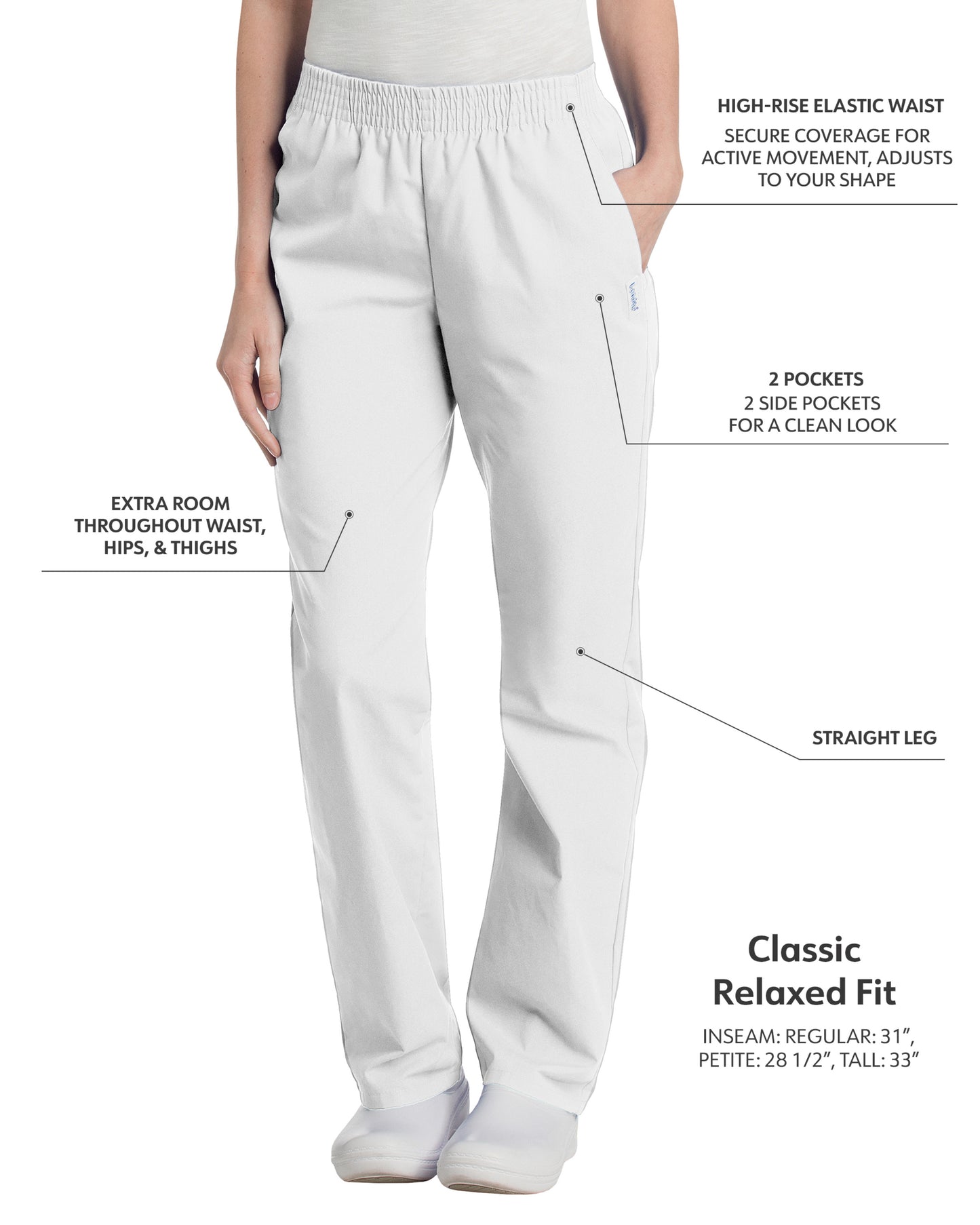 Women's 2-Pocket High-Rise Elastic Waist Straight Leg Pant - 8327 - White