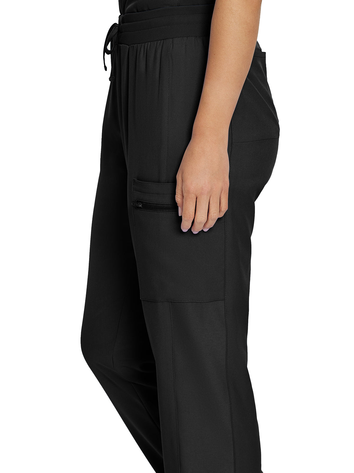 Women's 7-Pocket Mid-Rise Rib-Knit Elastic Waist Cargo Pant - LB400 - Black