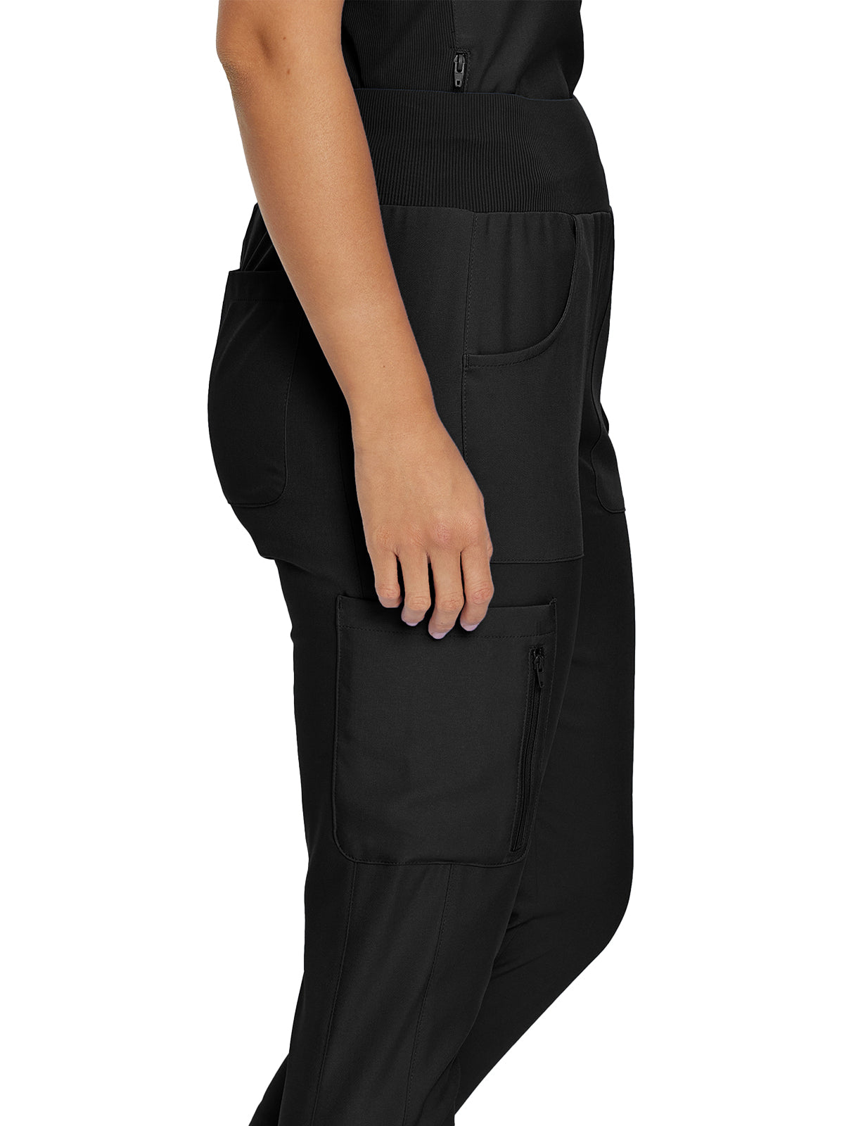 Women's 7-Pocket Mid-Rise Rib-Knit Elastic Waist Cargo Pant - LB401 - Black