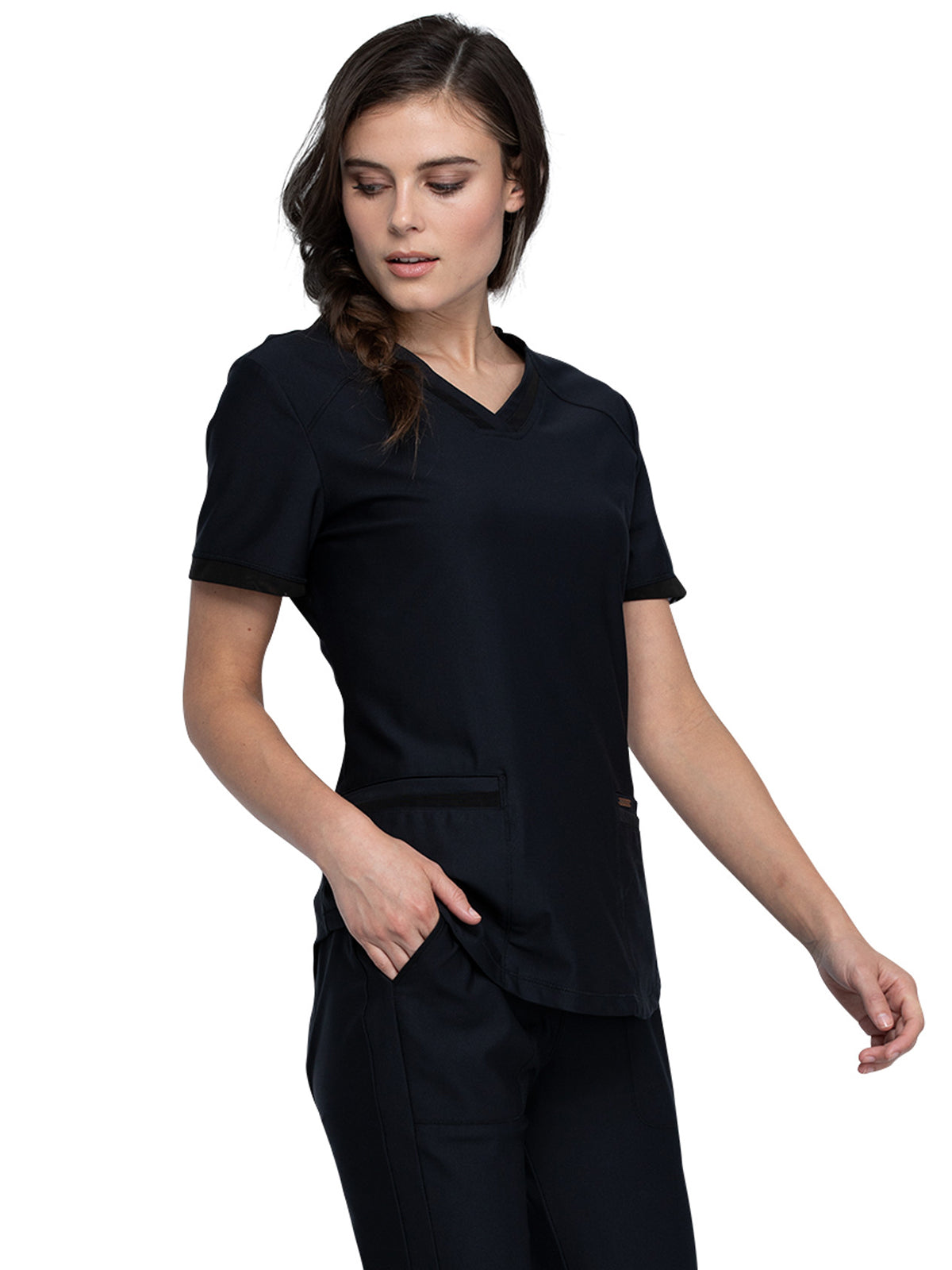 Women's Curved Hemline V-Neck Top - CK840 - Black