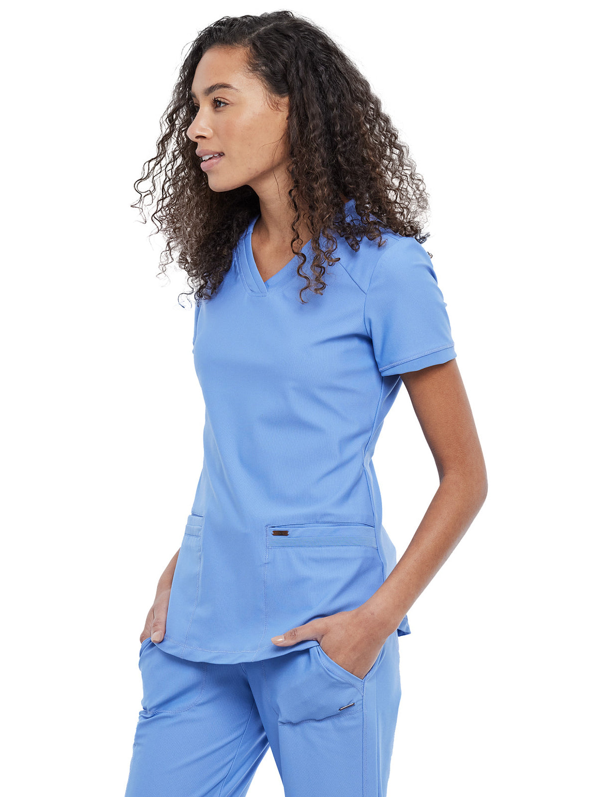 Women's Curved Hemline V-Neck Top - CK840 - Ciel Blue