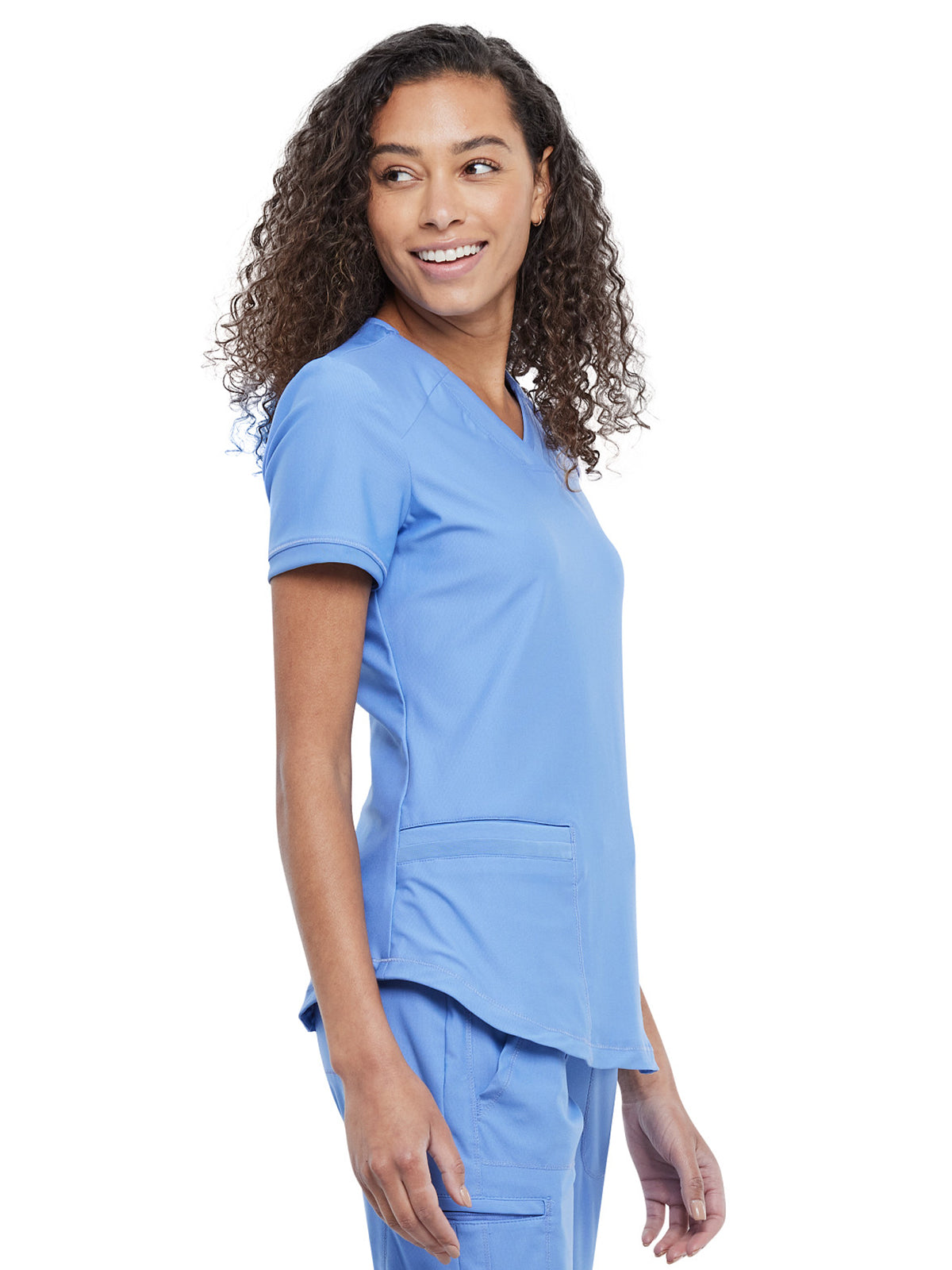 Women's Curved Hemline V-Neck Top - CK840 - Ciel Blue