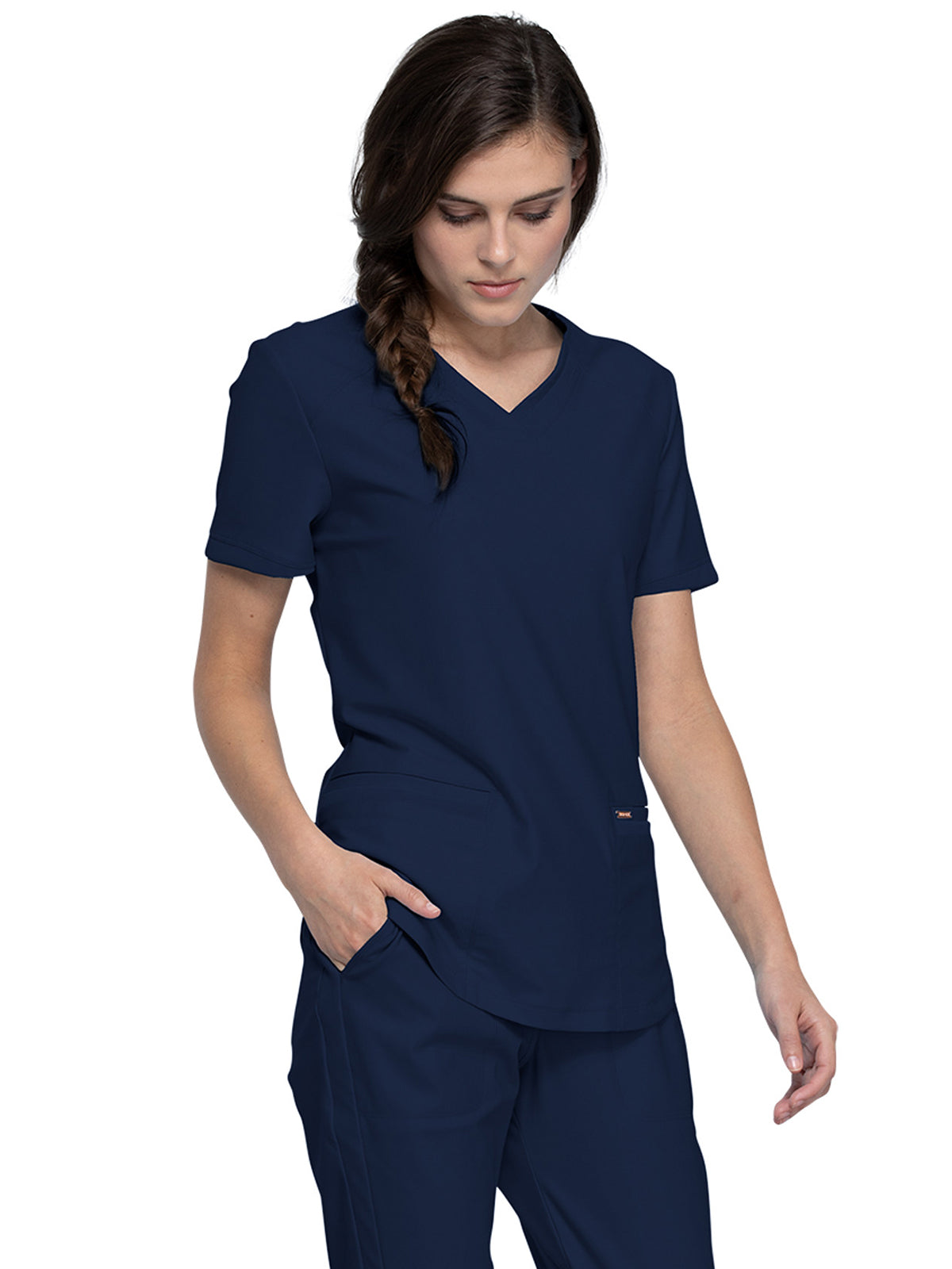 Women's Curved Hemline V-Neck Top - CK840 - Navy