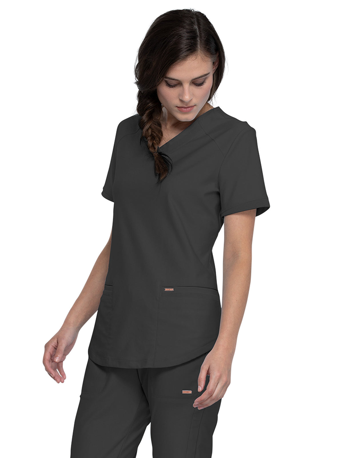 Women's Curved Hemline V-Neck Top - CK840 - Pewter