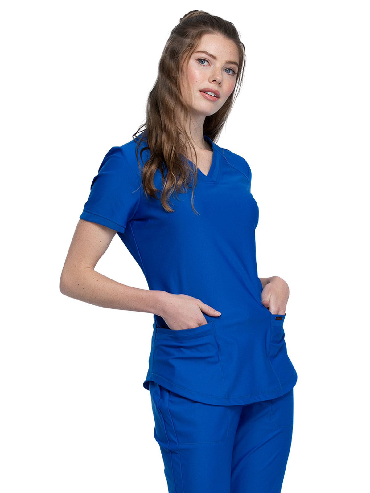 Women's Curved Hemline V-Neck Top - CK840 - Royal