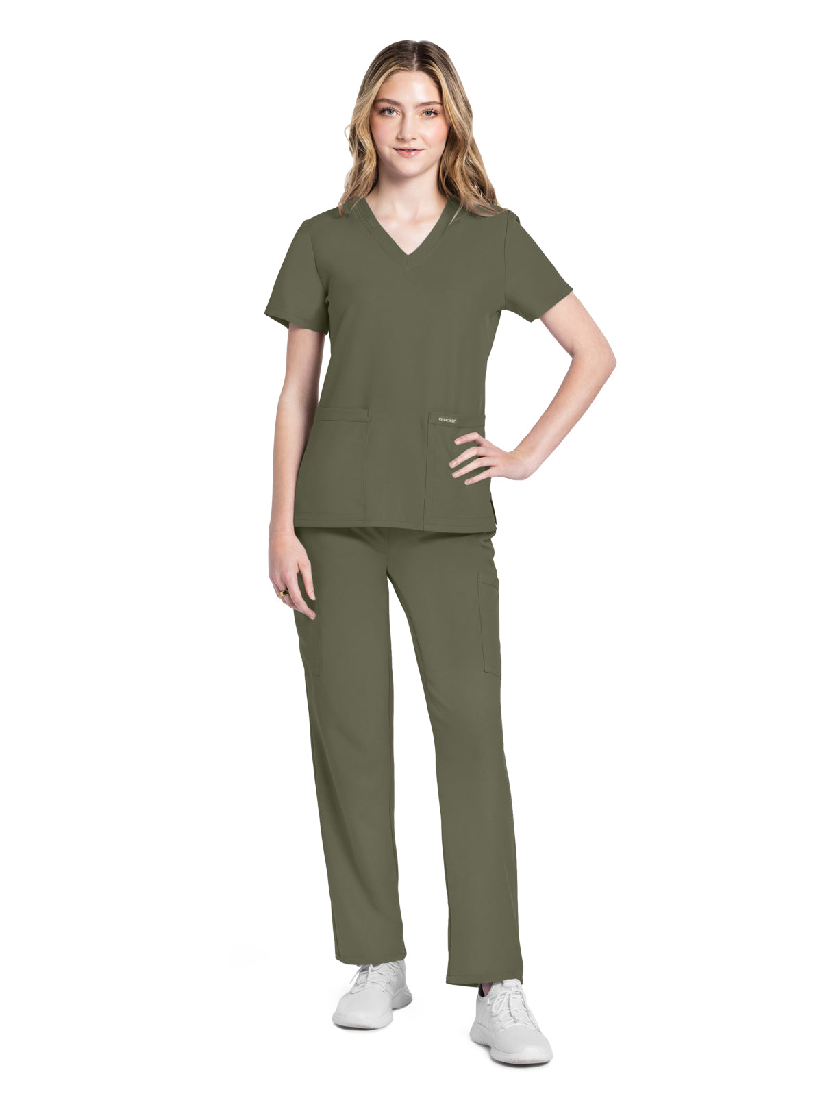 Women's 2-Pocket V-Neck Top - CK953A - Olive