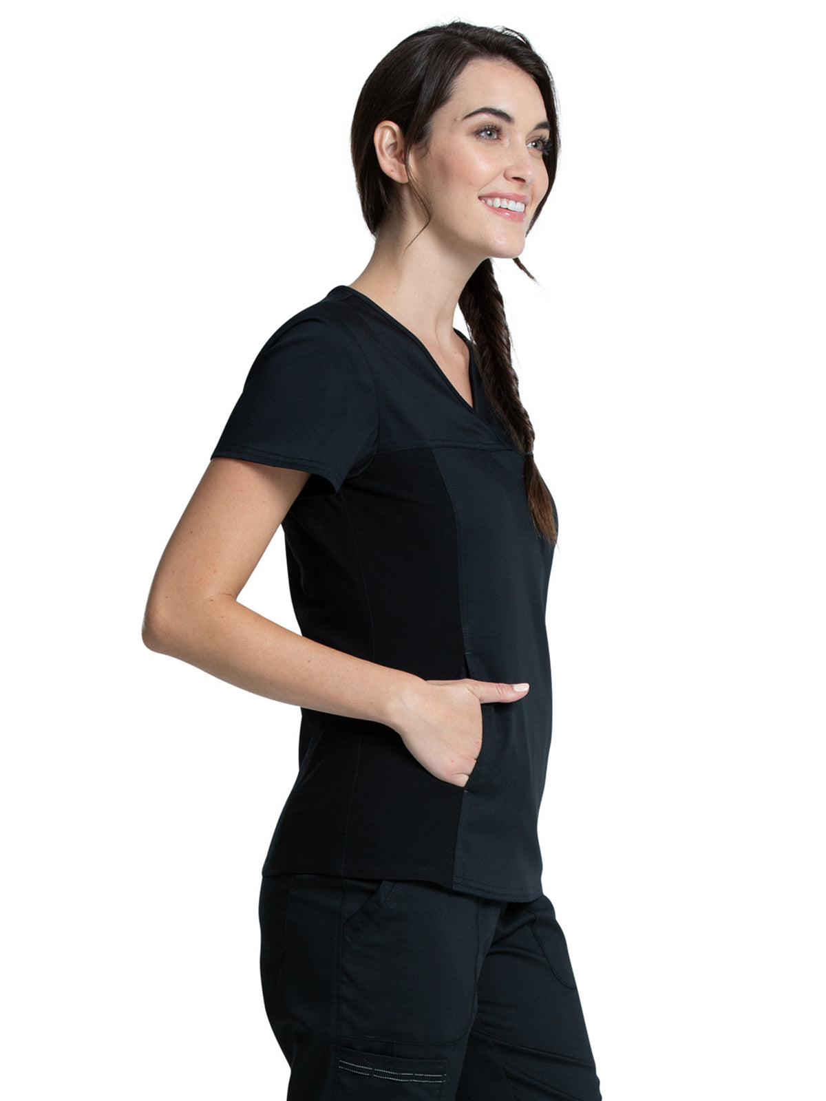 Women's 1-Pocket V-Neck Knit Panel Top - WW2875 - Black
