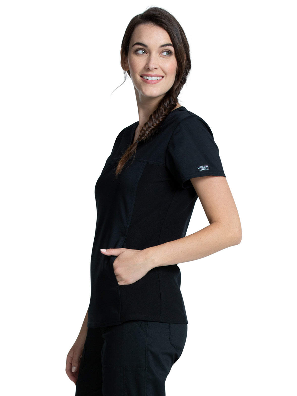 Women's 1-Pocket V-Neck Knit Panel Top - WW2875 - Black