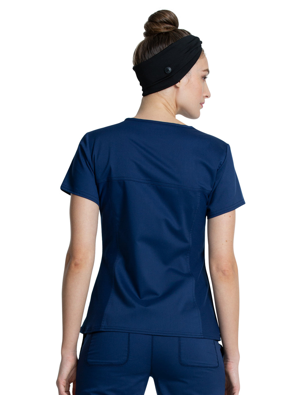 Women's 1-Pocket V-Neck Knit Panel Top - WW2875 - Navy