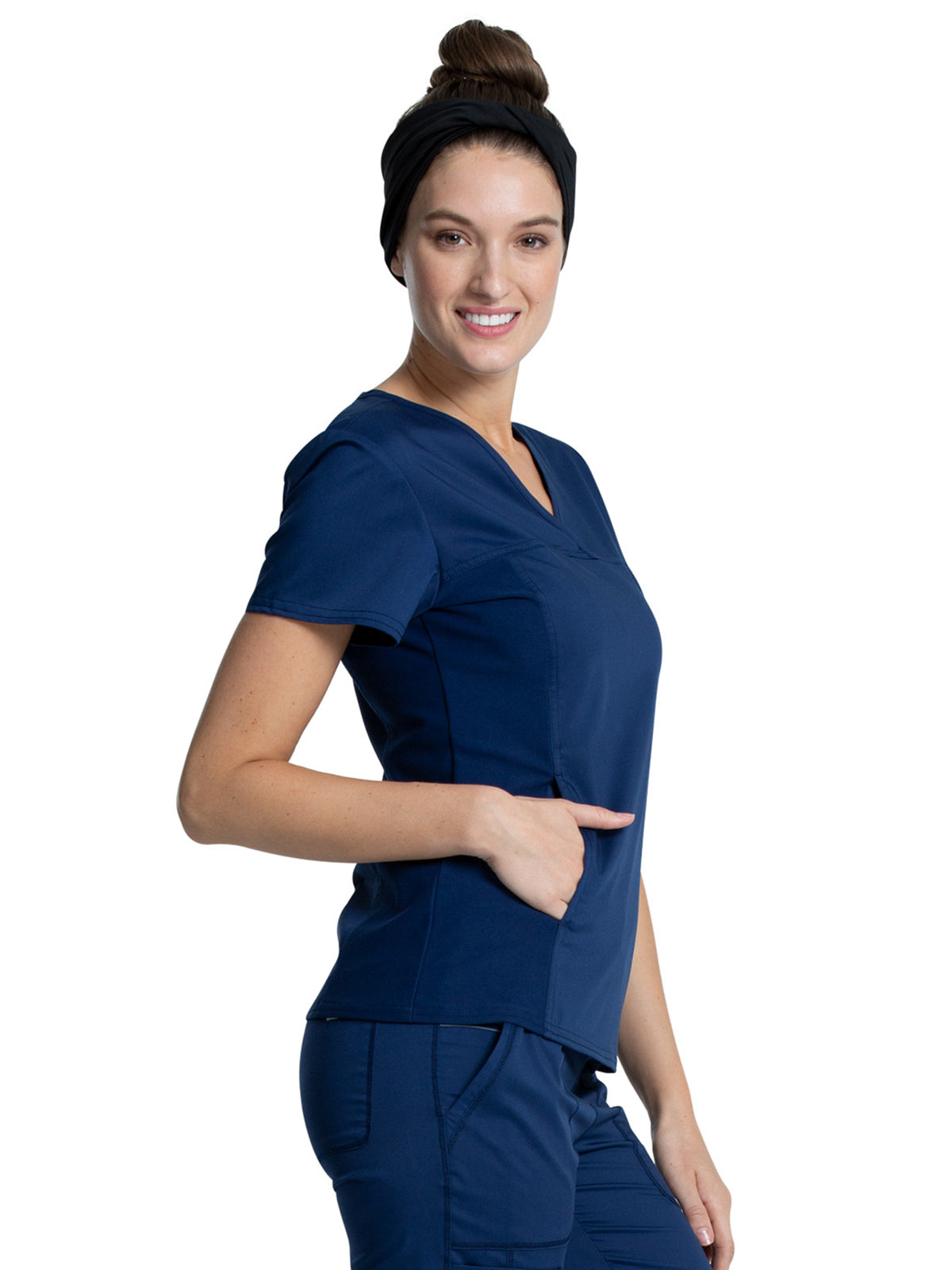 Women's 1-Pocket V-Neck Knit Panel Top - WW2875 - Navy