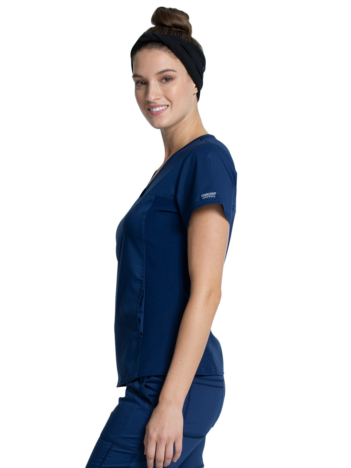 Women's 1-Pocket V-Neck Knit Panel Top - WW2875 - Navy