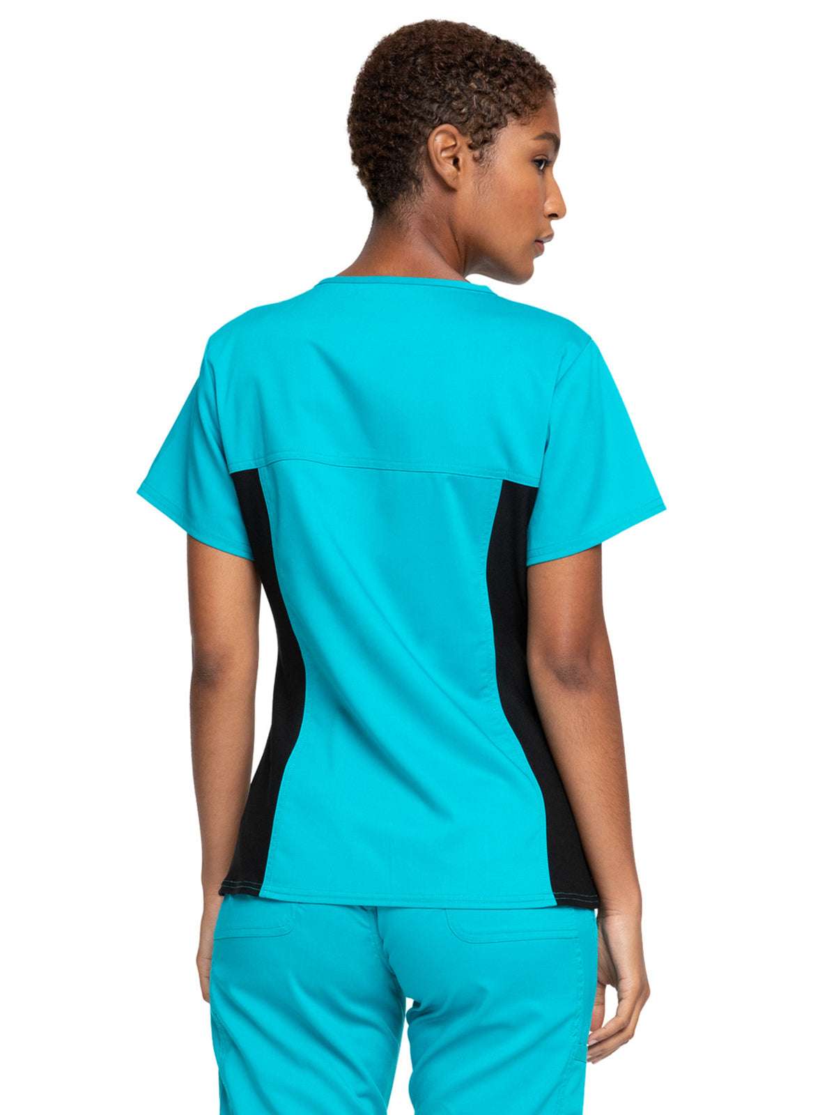 Women's 1-Pocket V-Neck Knit Panel Top - WW2875 - Teal Blue