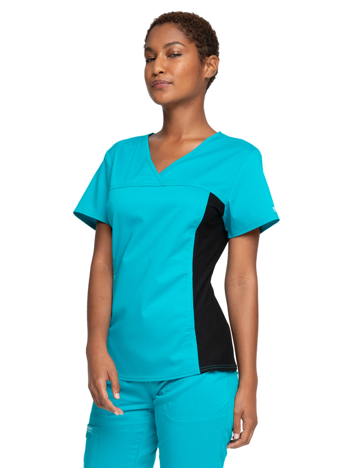 Women's 1-Pocket V-Neck Knit Panel Top - WW2875 - Teal Blue