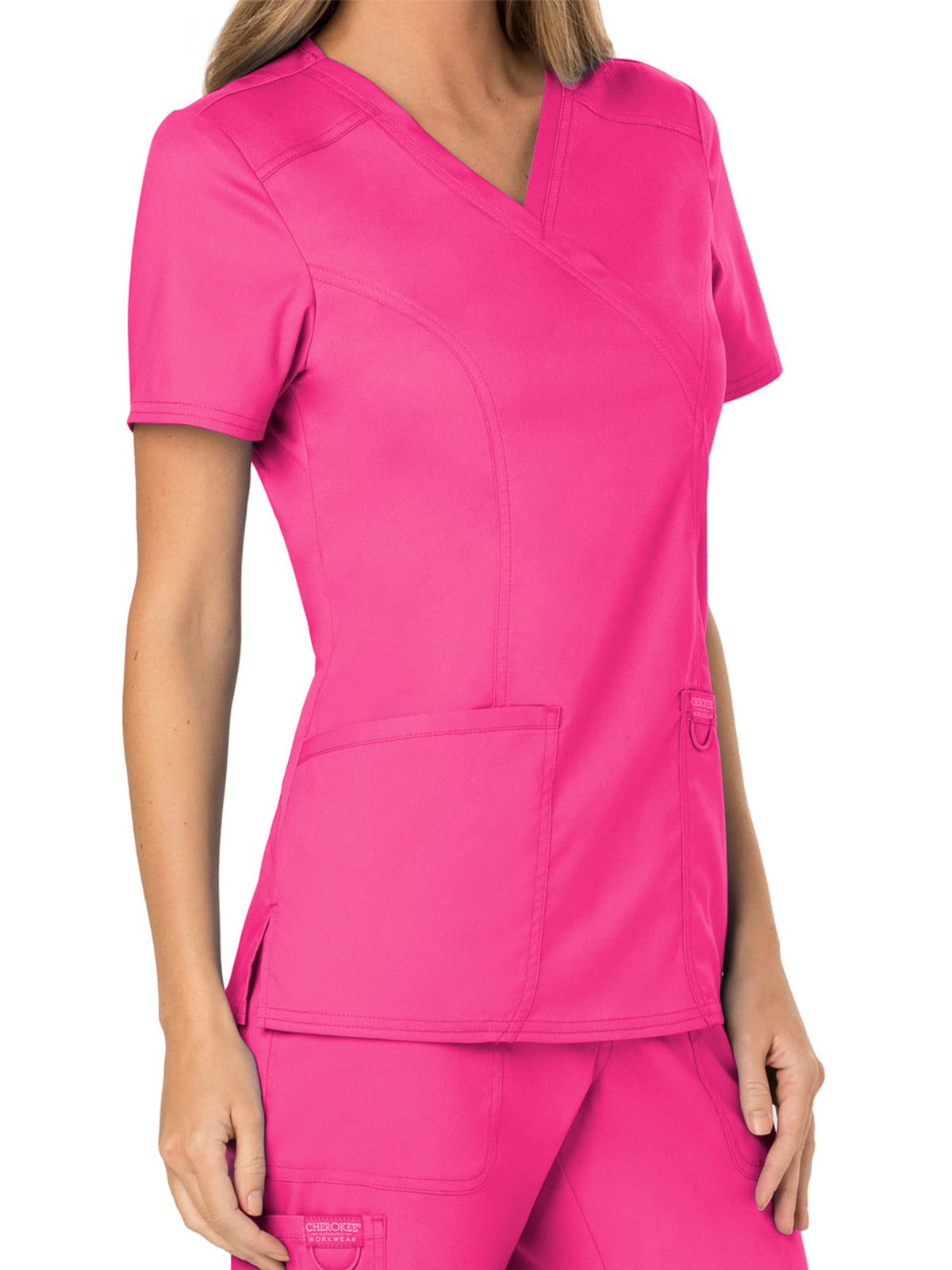 Women's 2-Pocket Mock Wrap Top - WW610 - Electric Pink
