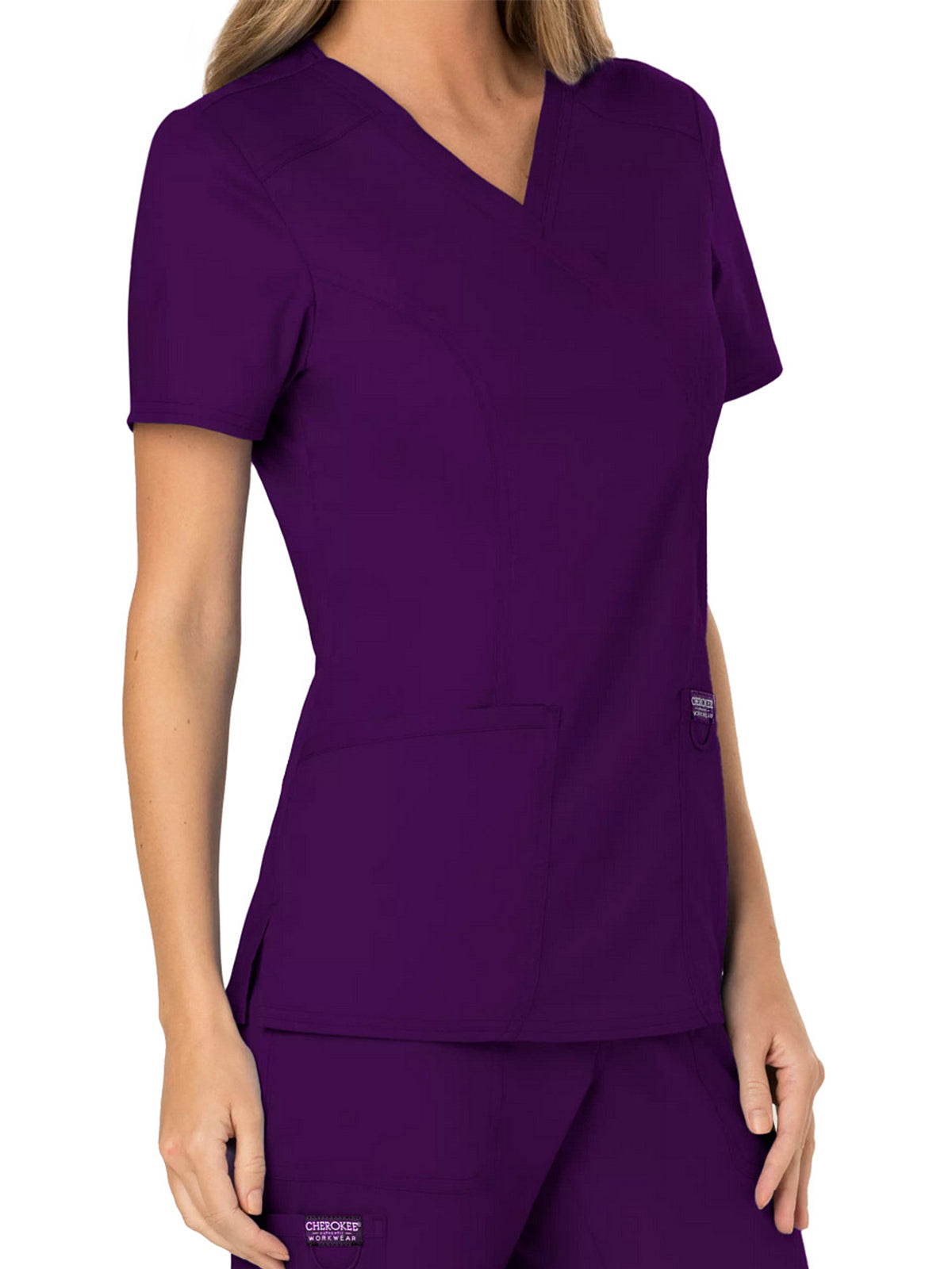 Women's 2-Pocket Mock Wrap Top - WW610 - Eggplant