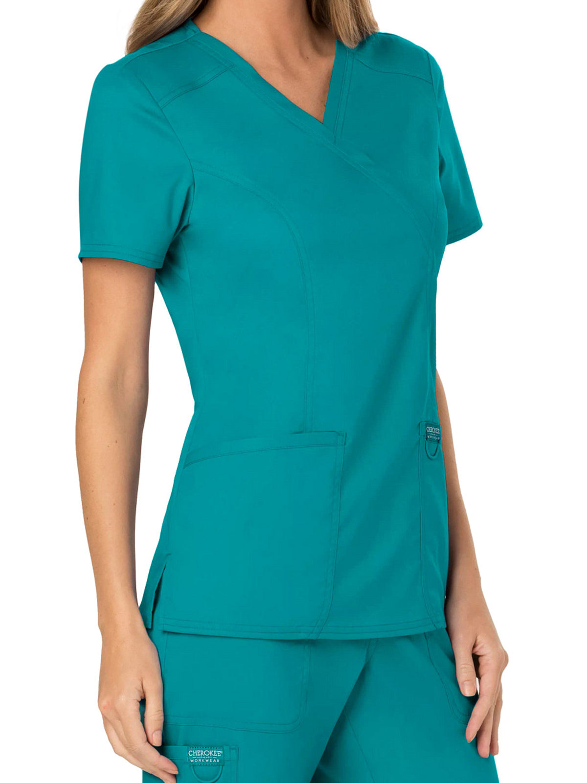 Women's 2-Pocket Mock Wrap Top - WW610 - Teal Blue