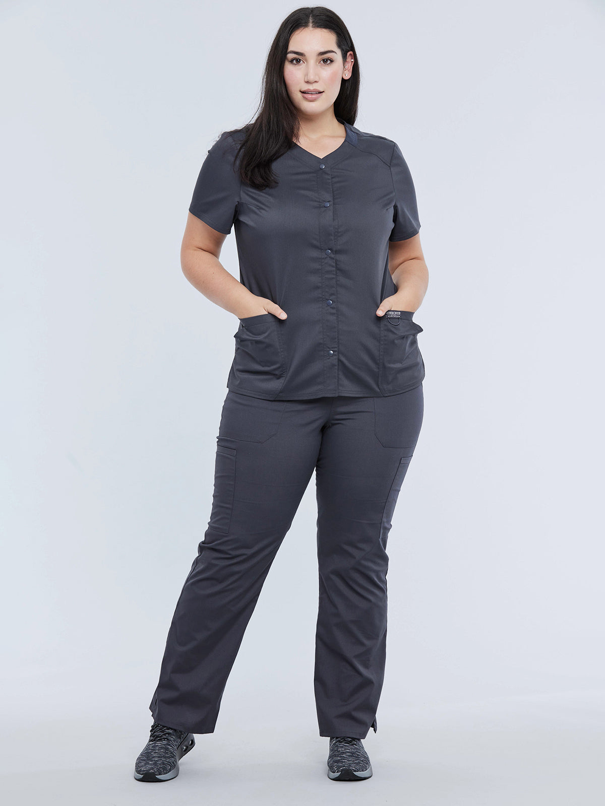 Women's 4-Pocket Snap Front V-Neck Top - WW622 - Pewter