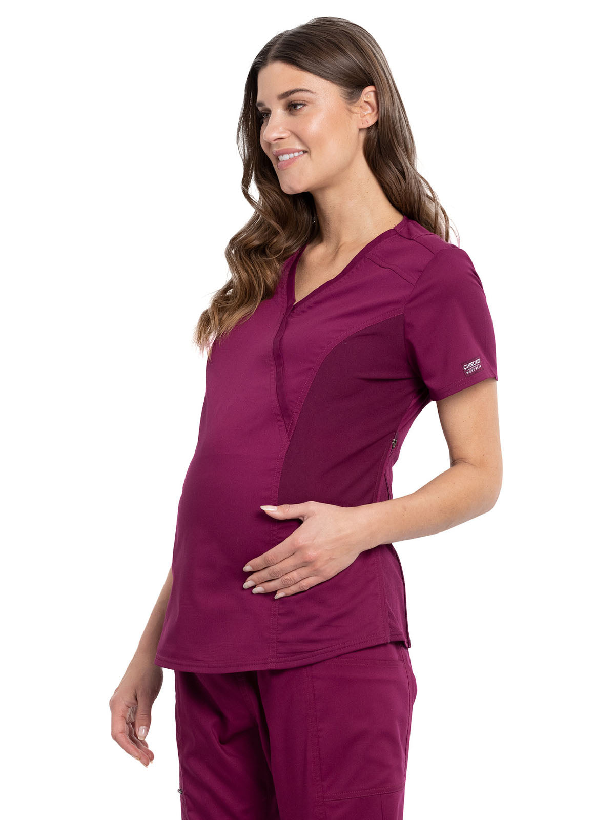 Women's 2-Pocket Maternity Mock Wrap Top - WW688 - Wine