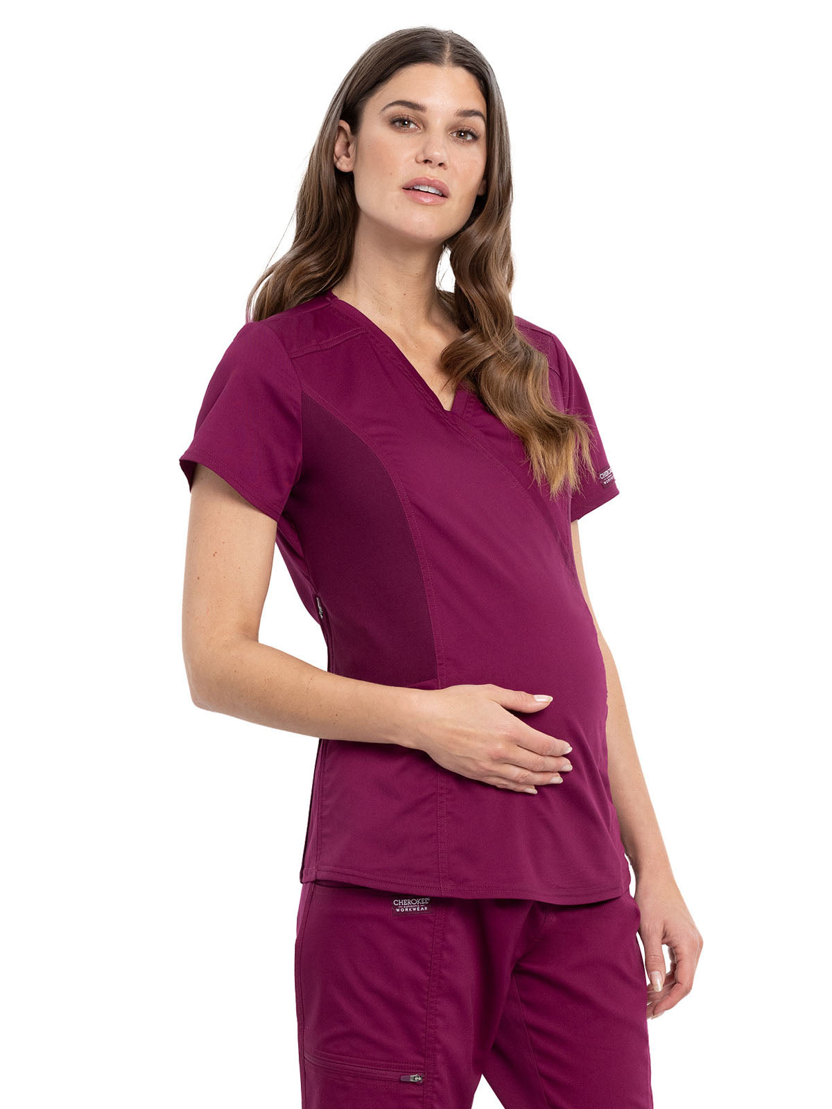 Women's 2-Pocket Maternity Mock Wrap Top - WW688 - Wine