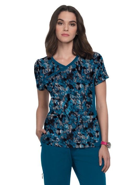 Women's 3-Pocket Stretch Mock-Wrap Print Raquel Scrub Top