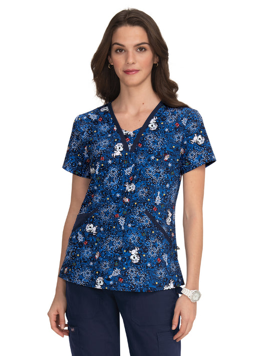 Women's 3-Pocket Double V-Neck Print Scrub Top