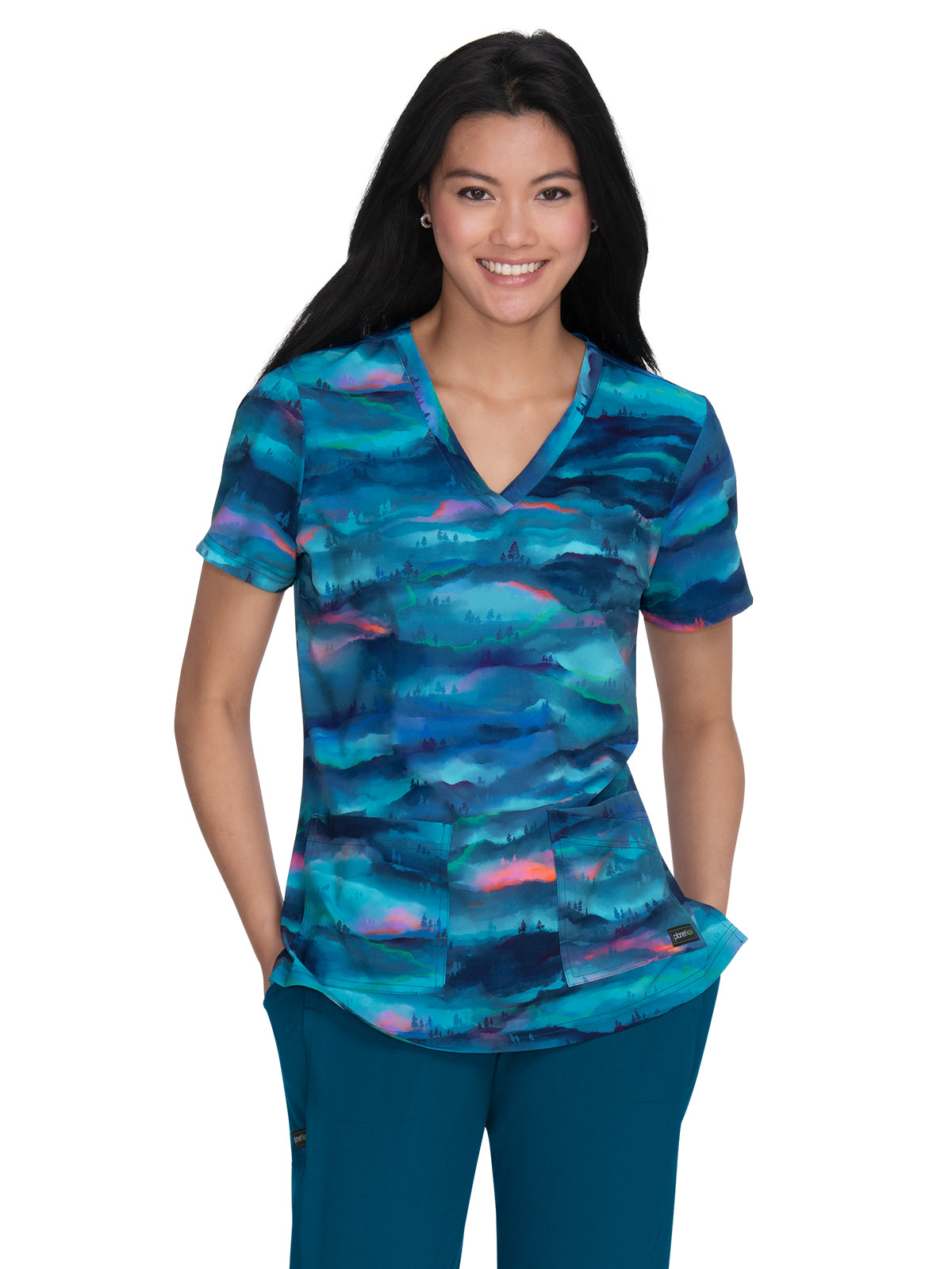 Women's 2-Pocket Contrast V-Neck Print Isla Scrub Top