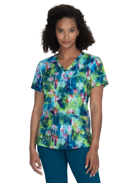 Women's 2-Pocket Contrast V-Neck Print Isla Scrub Top