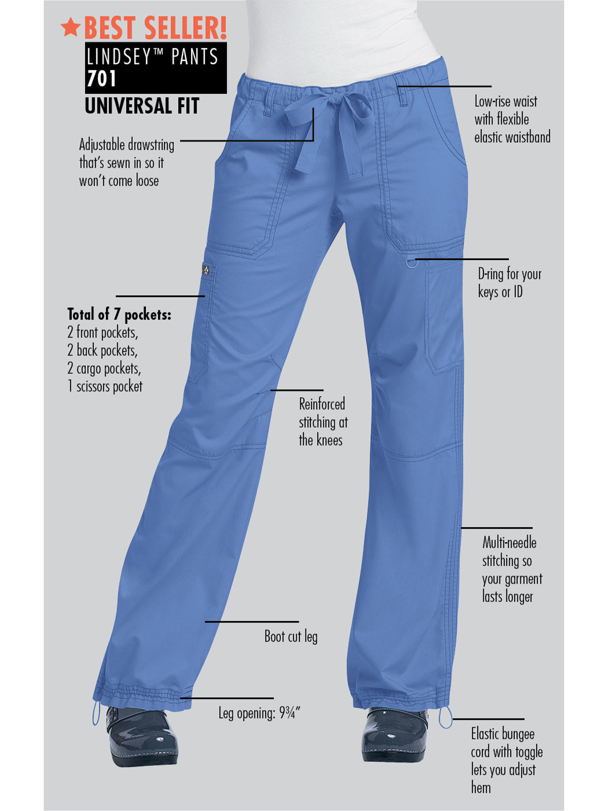 Women's 7-Pocket Adjustable Drawstring Lindsey Cargo Scrub Pant