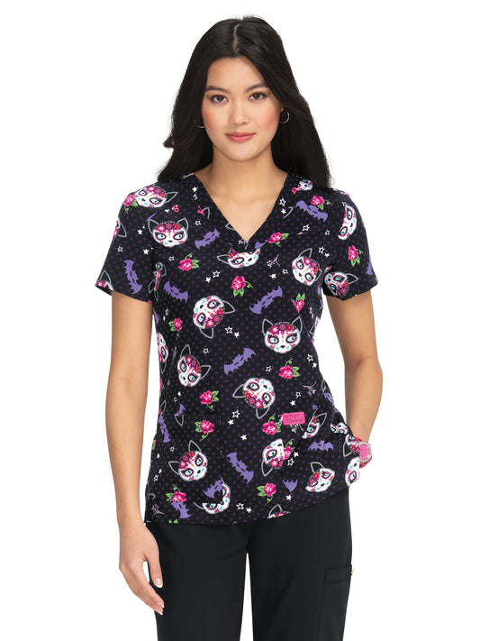 Women's 2-Pocket Print V-Neck Bell Scrub Top