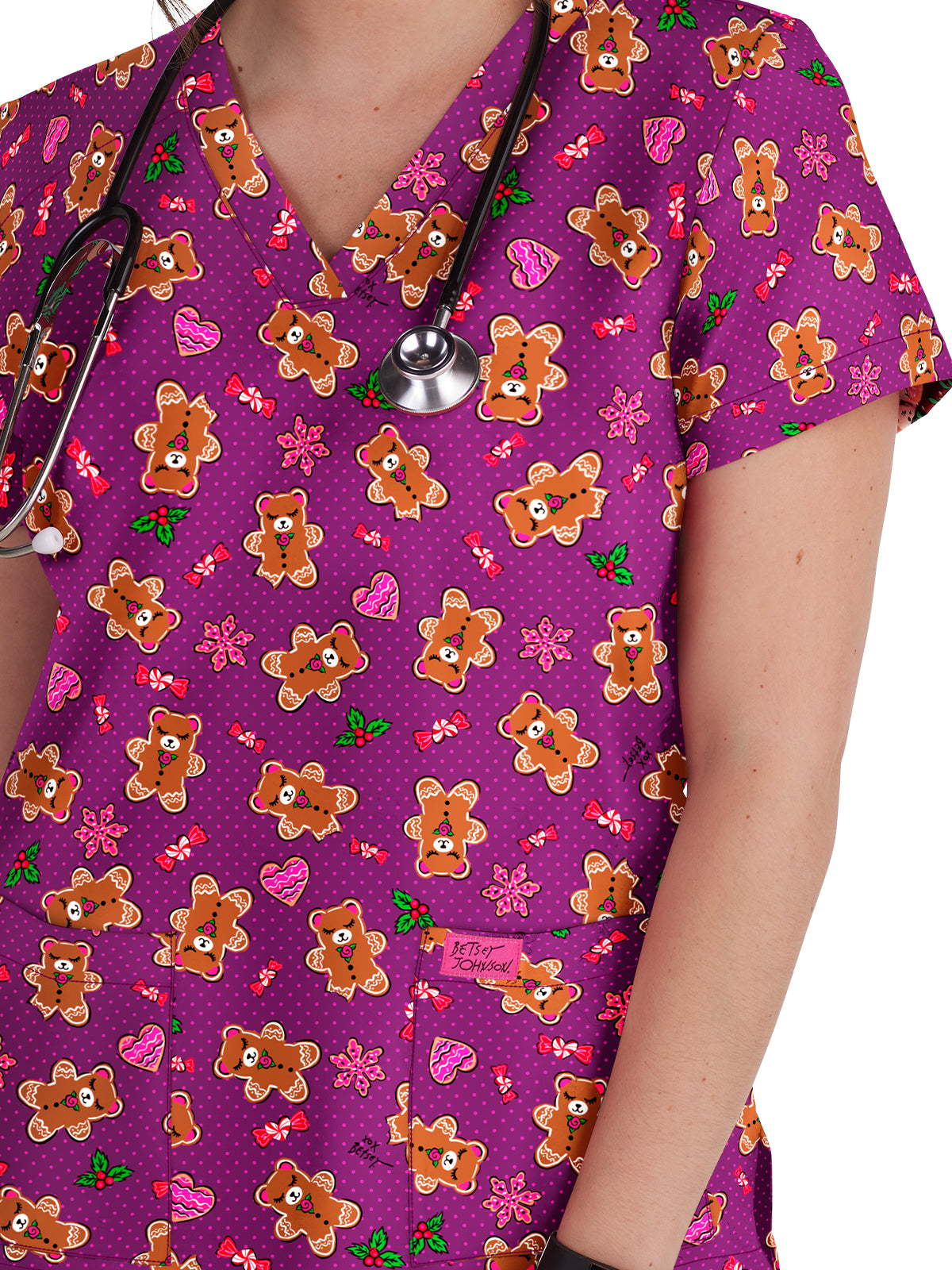 Women's 2-Pocket Print V-Neck Bell Scrub Top