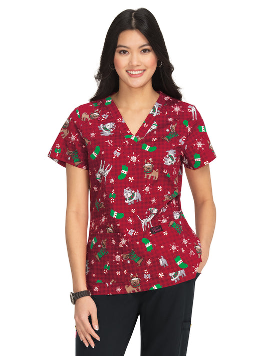 Women's 2-Pocket Print V-Neck Bell Scrub Top